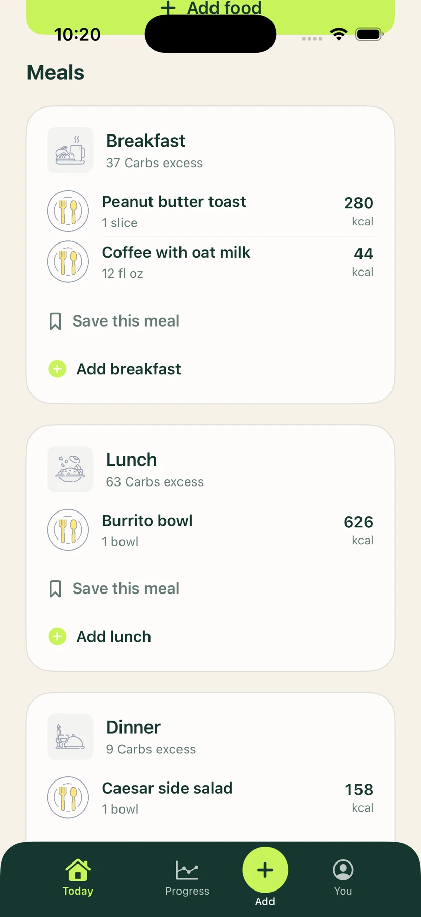 Caloryze: Meals at a glance