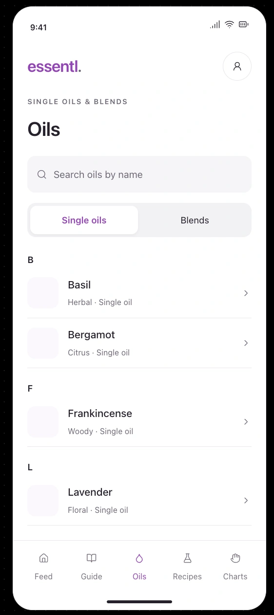 doTERRA Essential Oil Guide: Single oils directory showing Basil, Bergamot, Frankincense, and Lavender