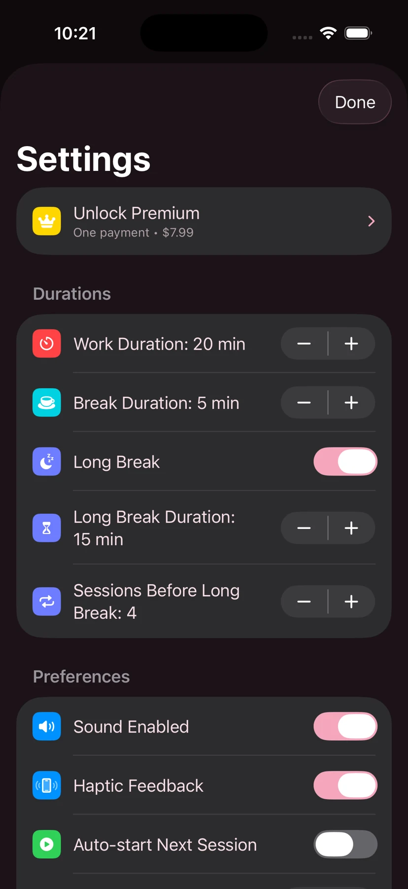 Pomodoro: Session preferences